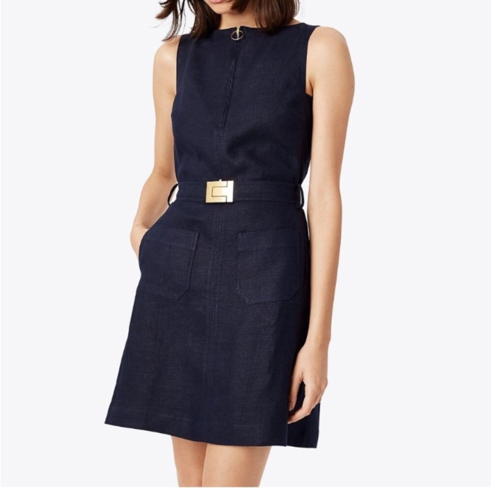 Tory Burch Nadia Linen Sleeveless Sheath Dress with T Belt